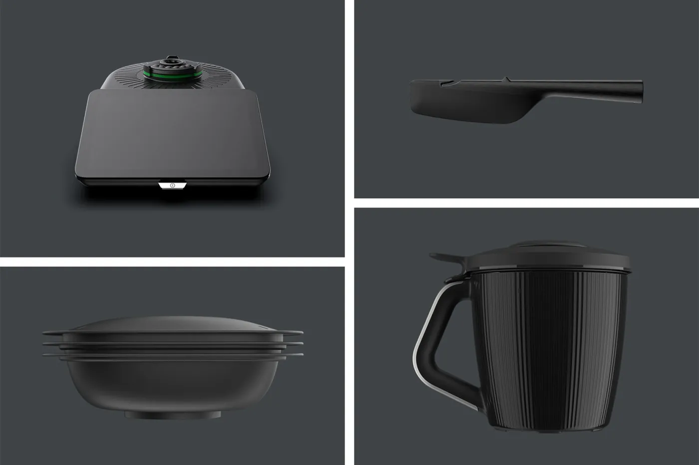 Componentes da Thermomix TM7: base com tela, espátula, tigela e jarra de aço inox